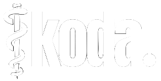 White 'koda.' logo with a snake and staff symbol on a black background